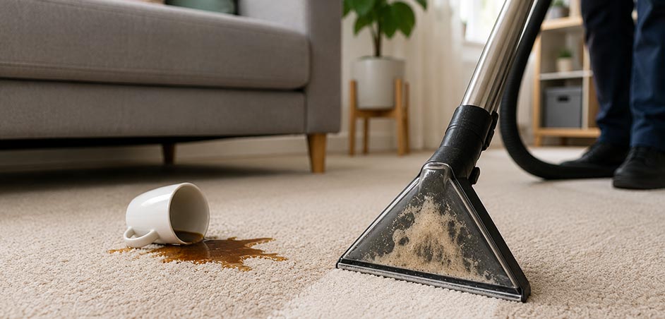carpet being cleaned with coffee cup spilled